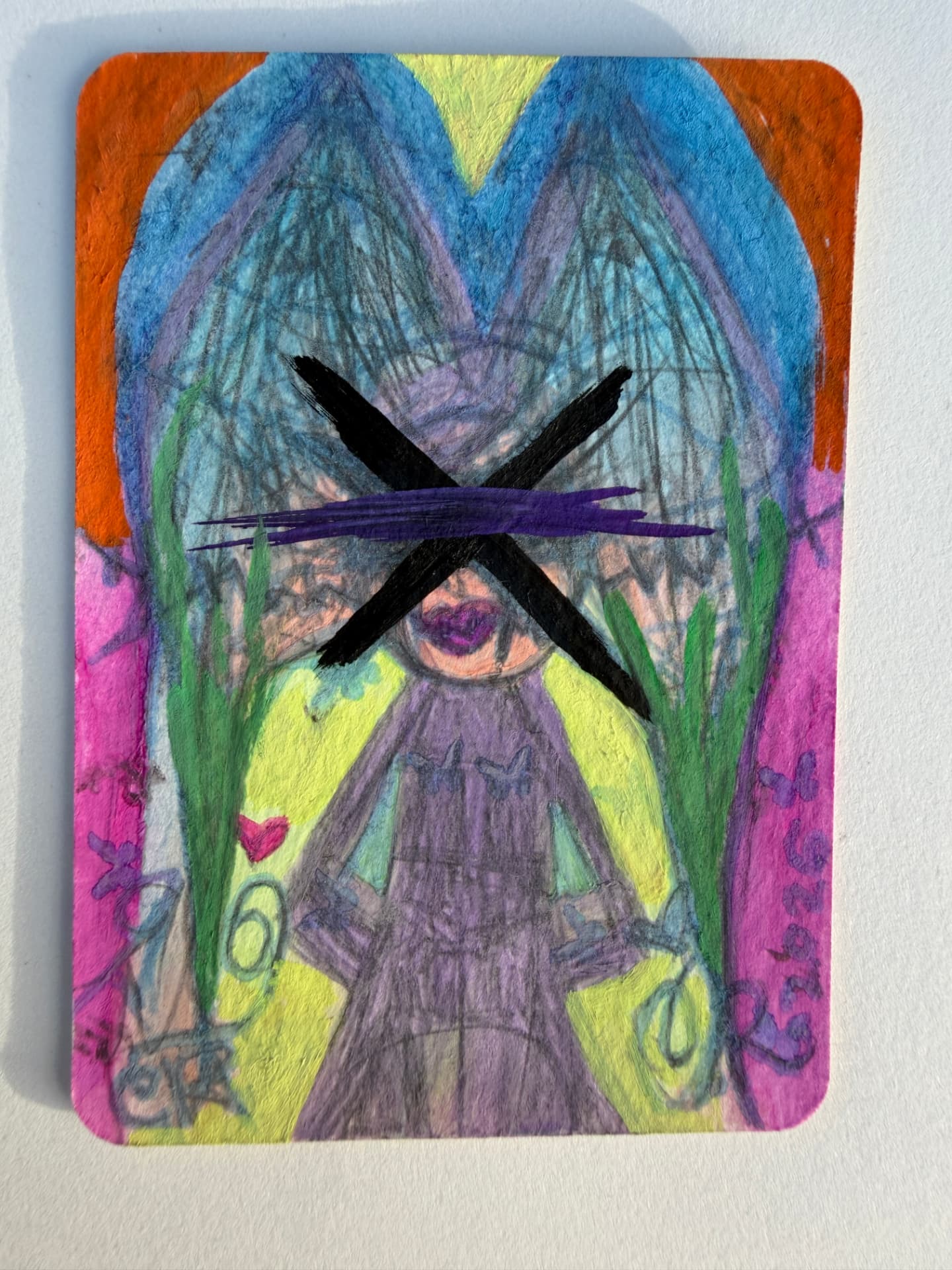 Hand-drawn girl in saturated pink, green, and orange