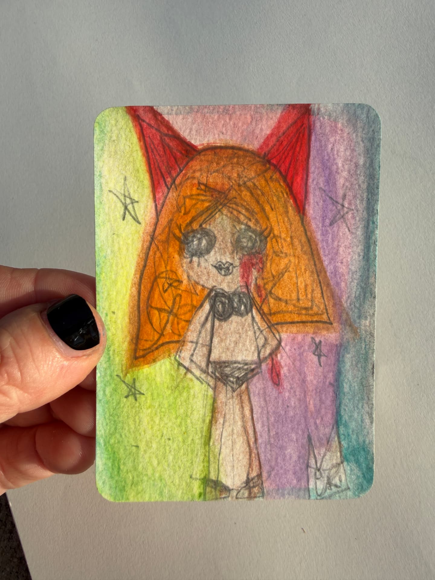 Horned girl with layered bright marker colors